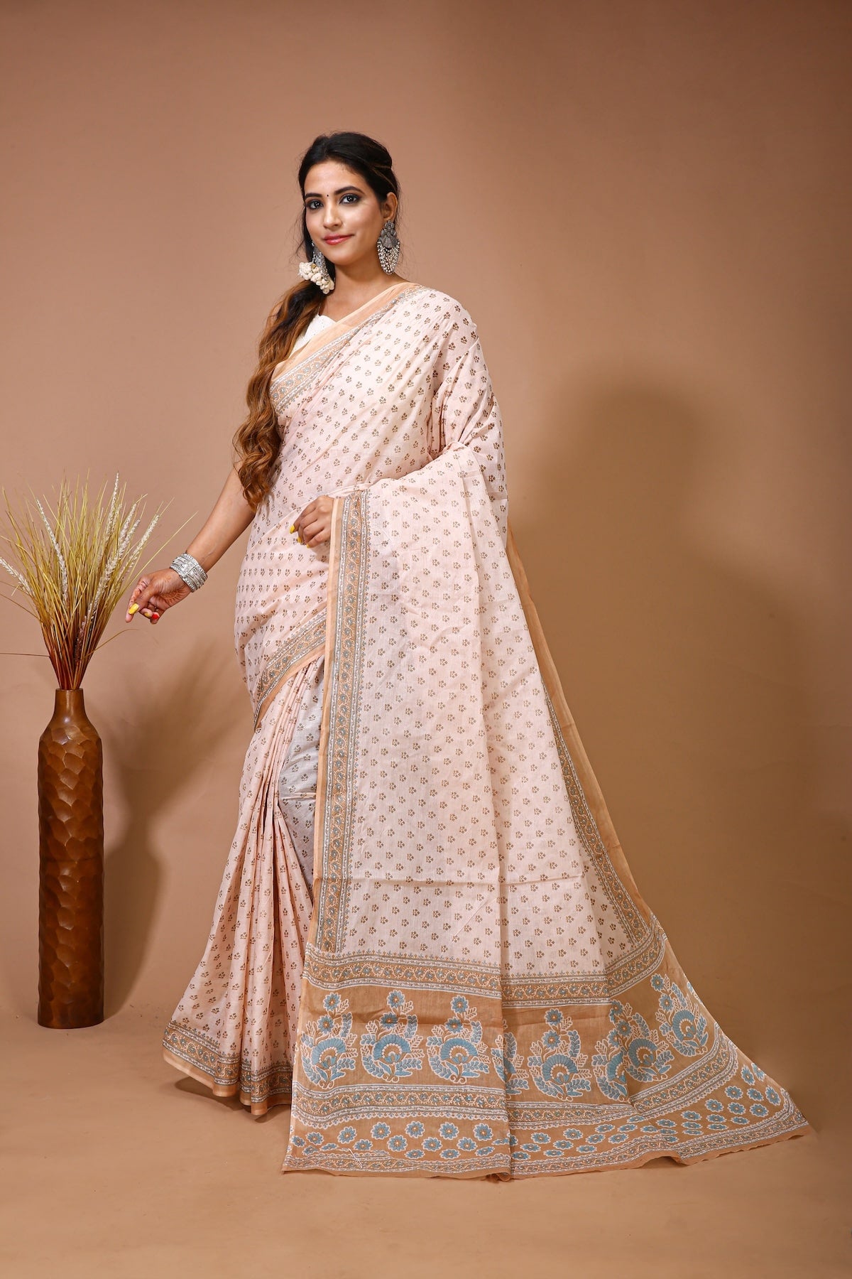 Malti - Beige Cotton Checks Printed Saree