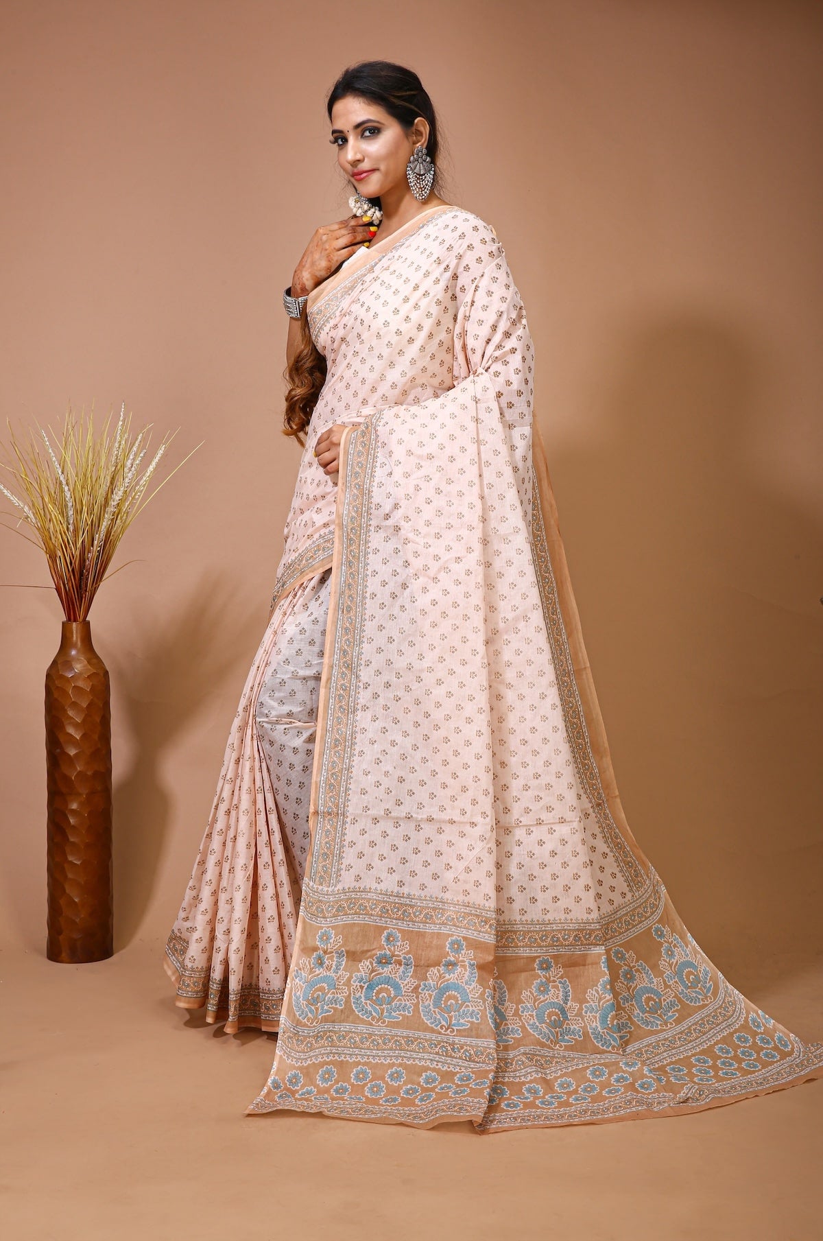 Malti - Beige Cotton Checks Printed Saree