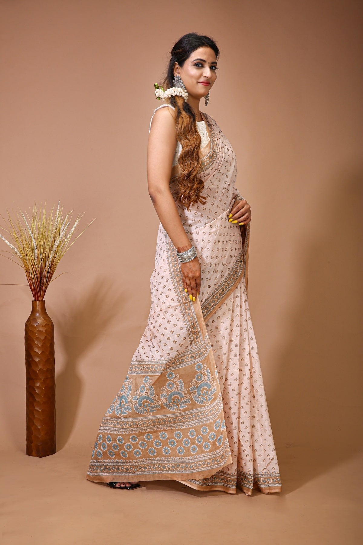 Malti - Beige Cotton Checks Printed Saree