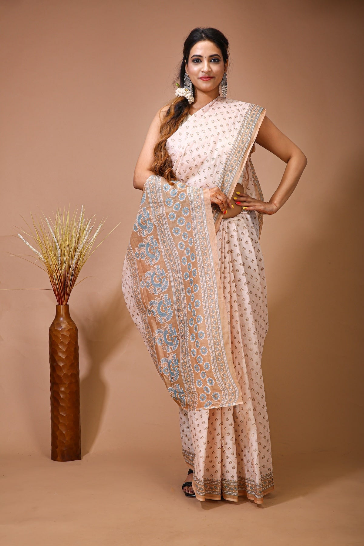 Malti - Beige Cotton Checks Printed Saree