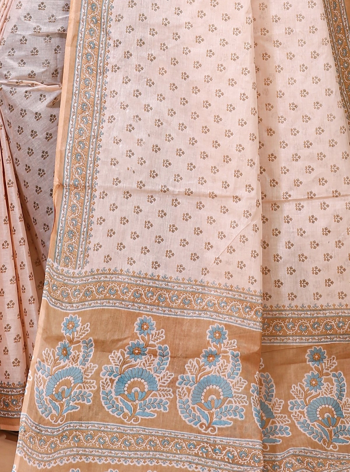 Malti - Beige Cotton Checks Printed Saree