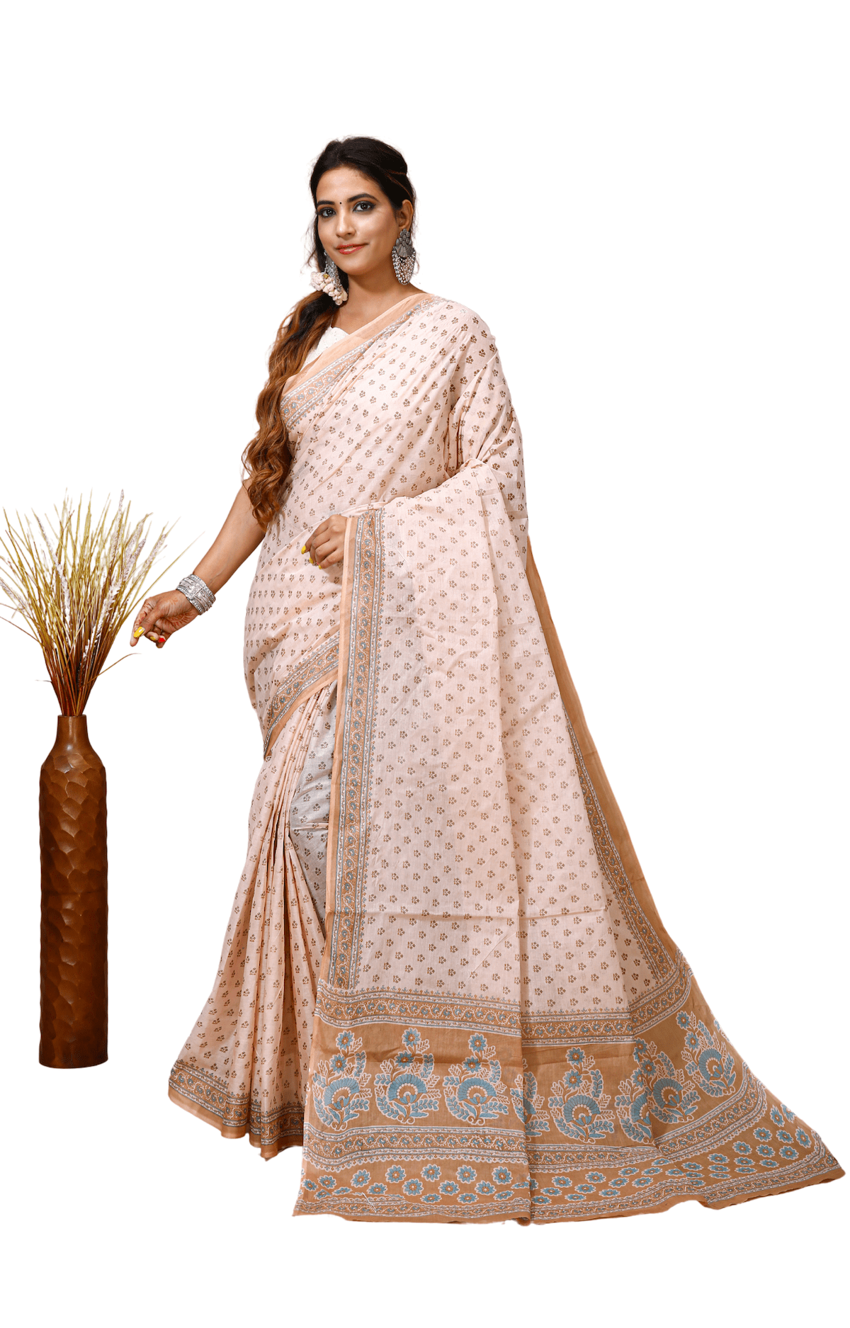 Malti - Beige Cotton Checks Printed Saree