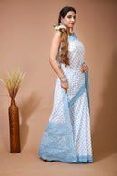 Malti - White Blue Cotton Butti Print Saree