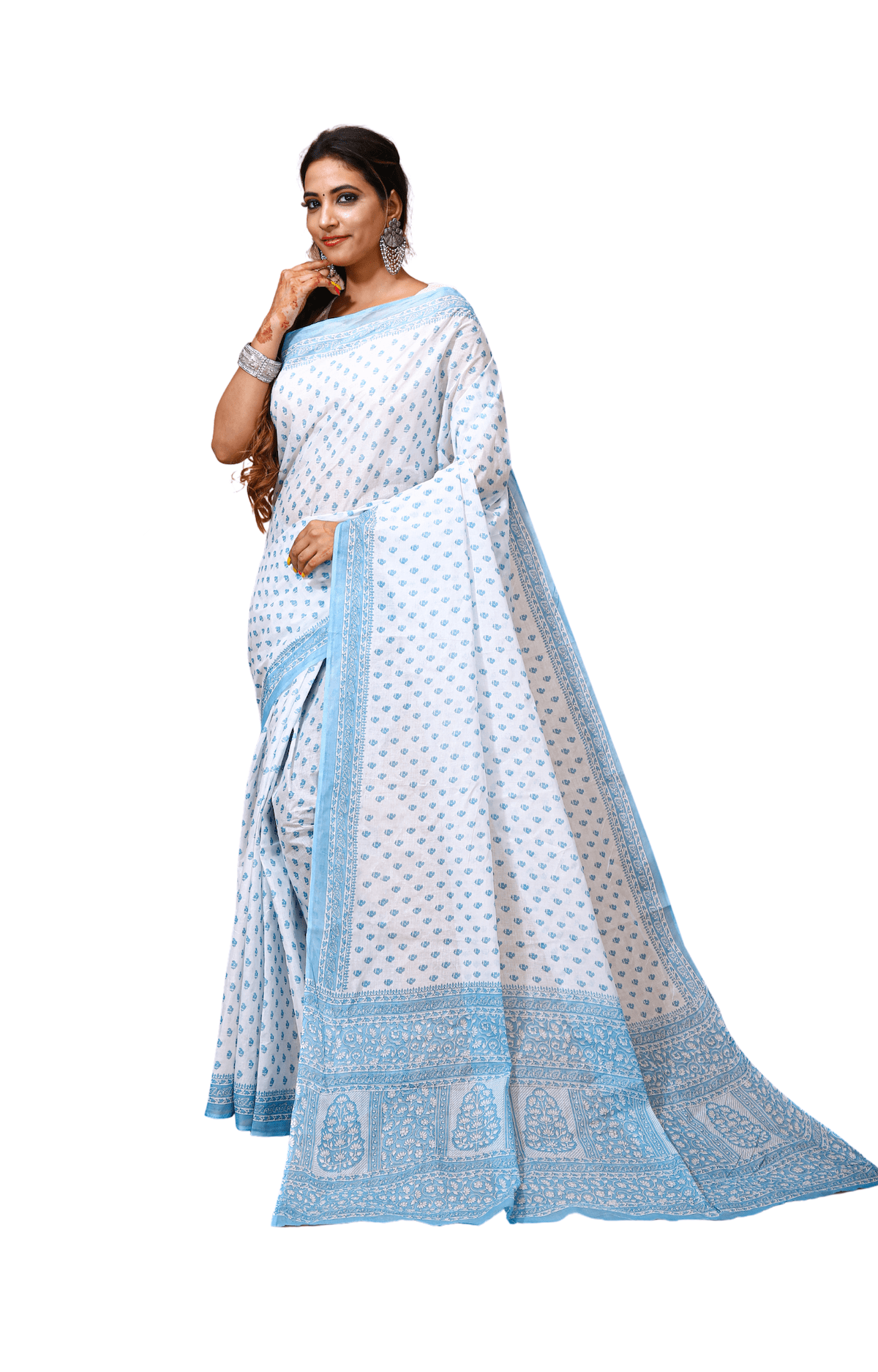 Malti - White Blue Cotton Butti Print Saree