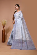 Malti - Grey Cotton Checks Printed Saree