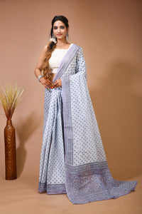 Malti - Grey Cotton Checks Printed Saree