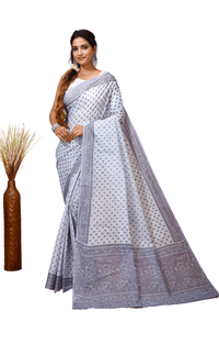 Malti - Grey Cotton Checks Printed Saree