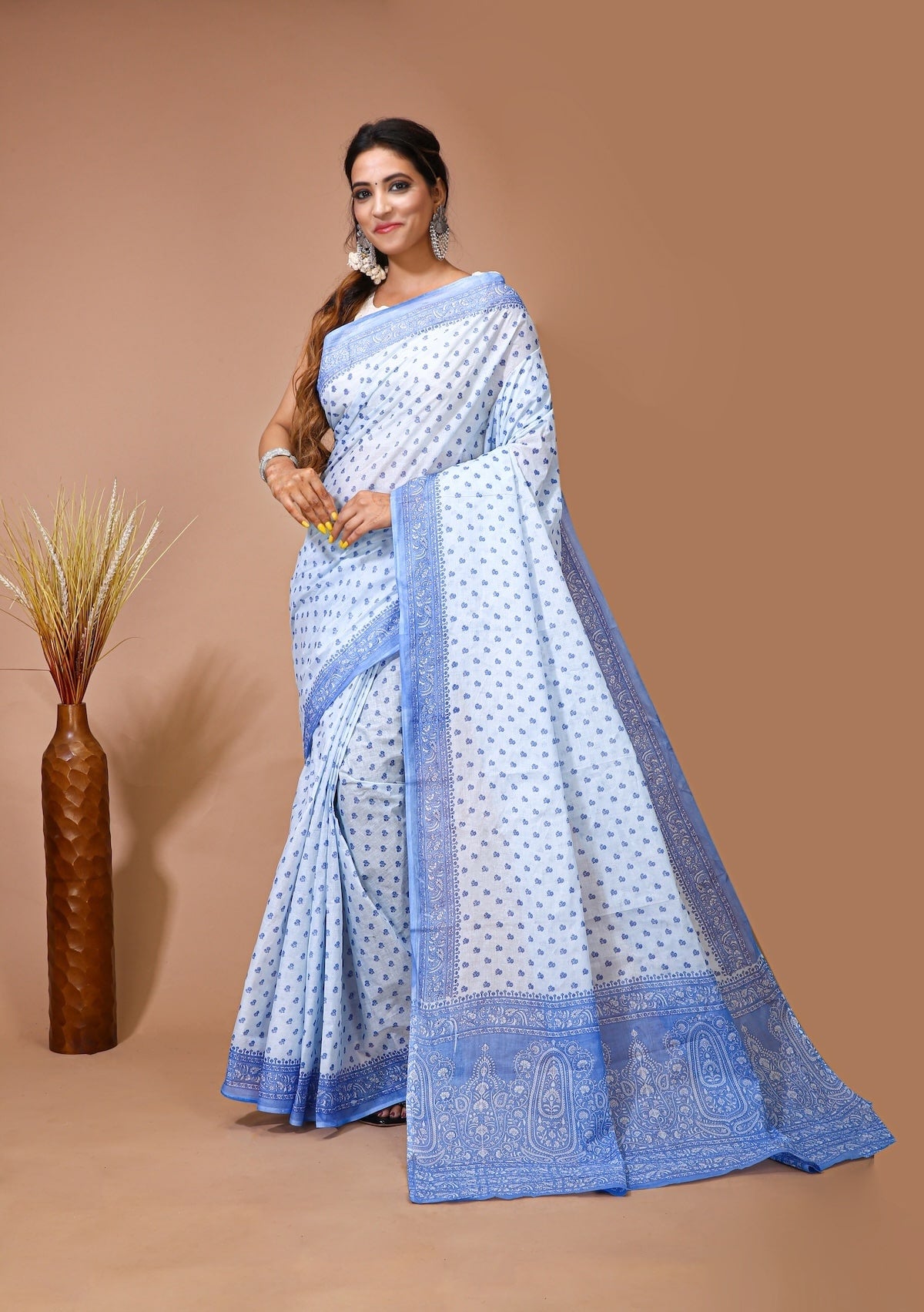 Palash - White Blue Cotton Butti Saree