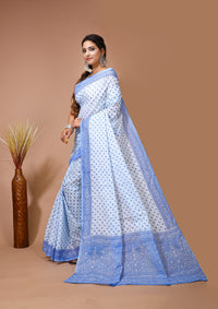 Palash - White Blue Cotton Butti Saree