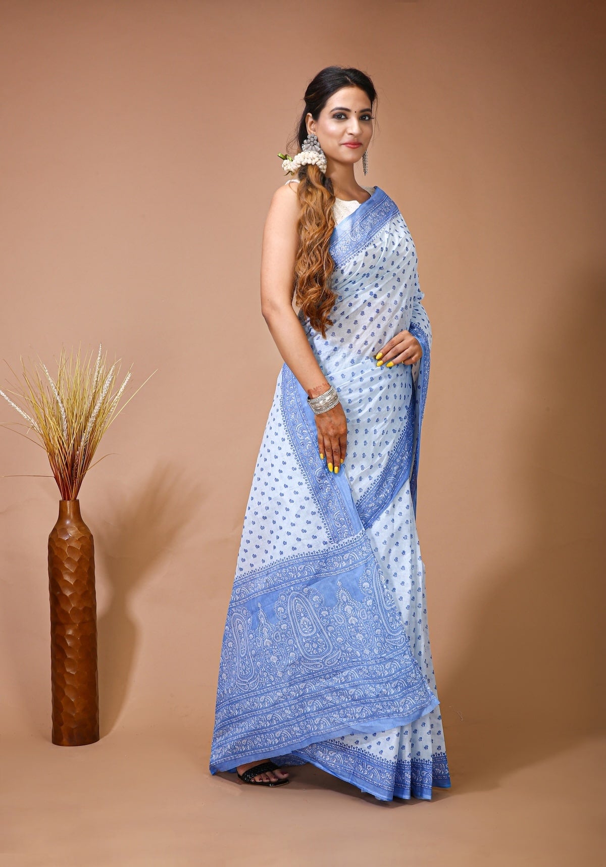 Palash - White Blue Cotton Butti Saree