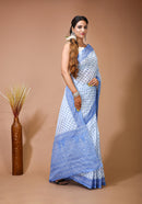 Palash - White Blue Cotton Butti Saree