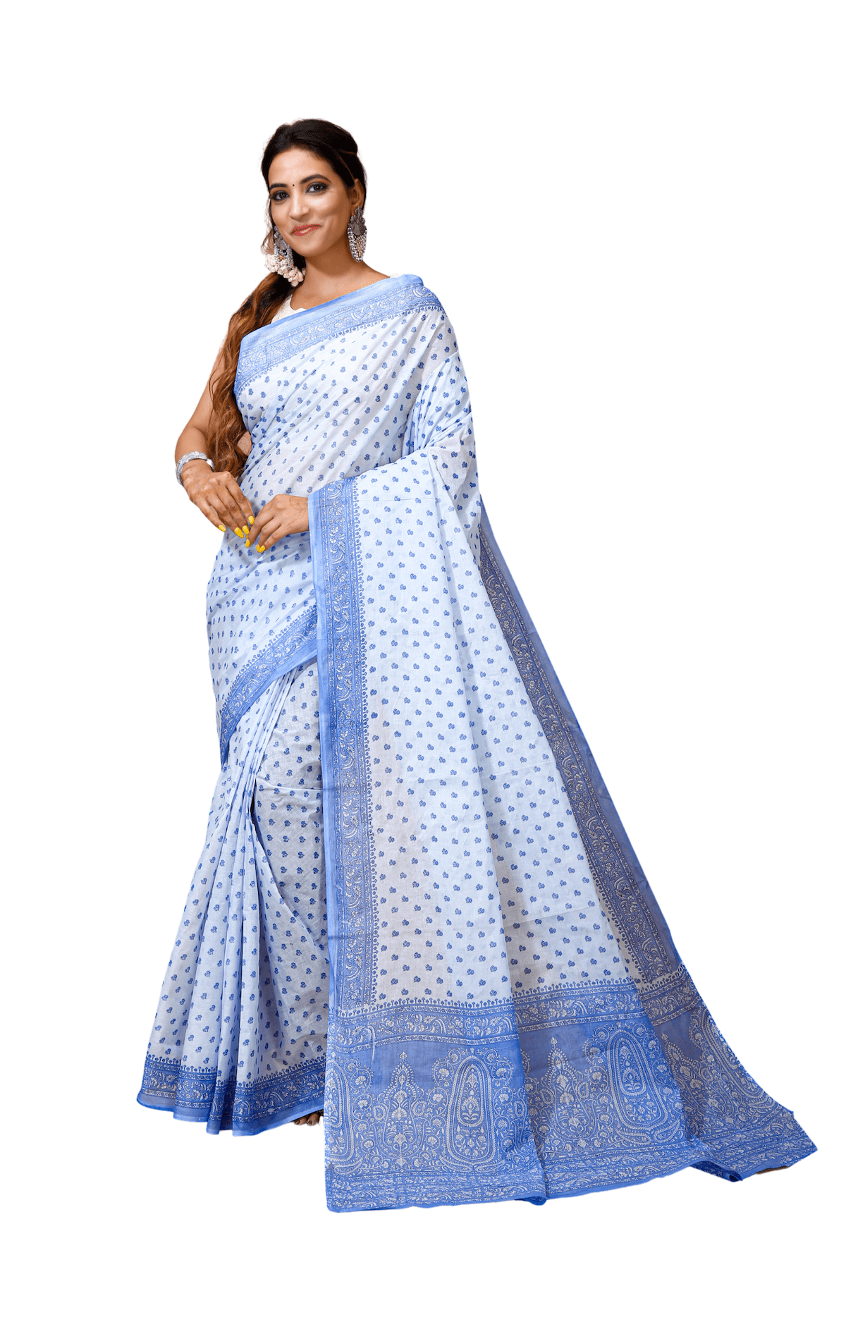 Palash - White Blue Cotton Butti Saree