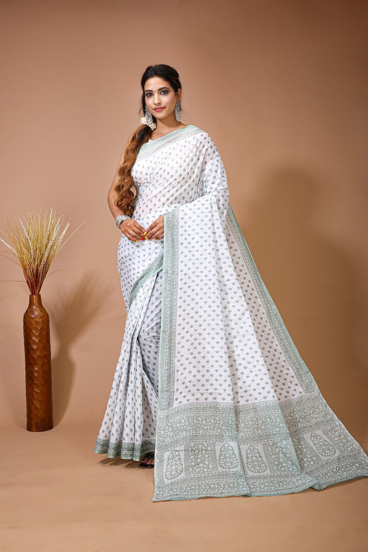 Palash - White Olive Cotton Butti Print Saree