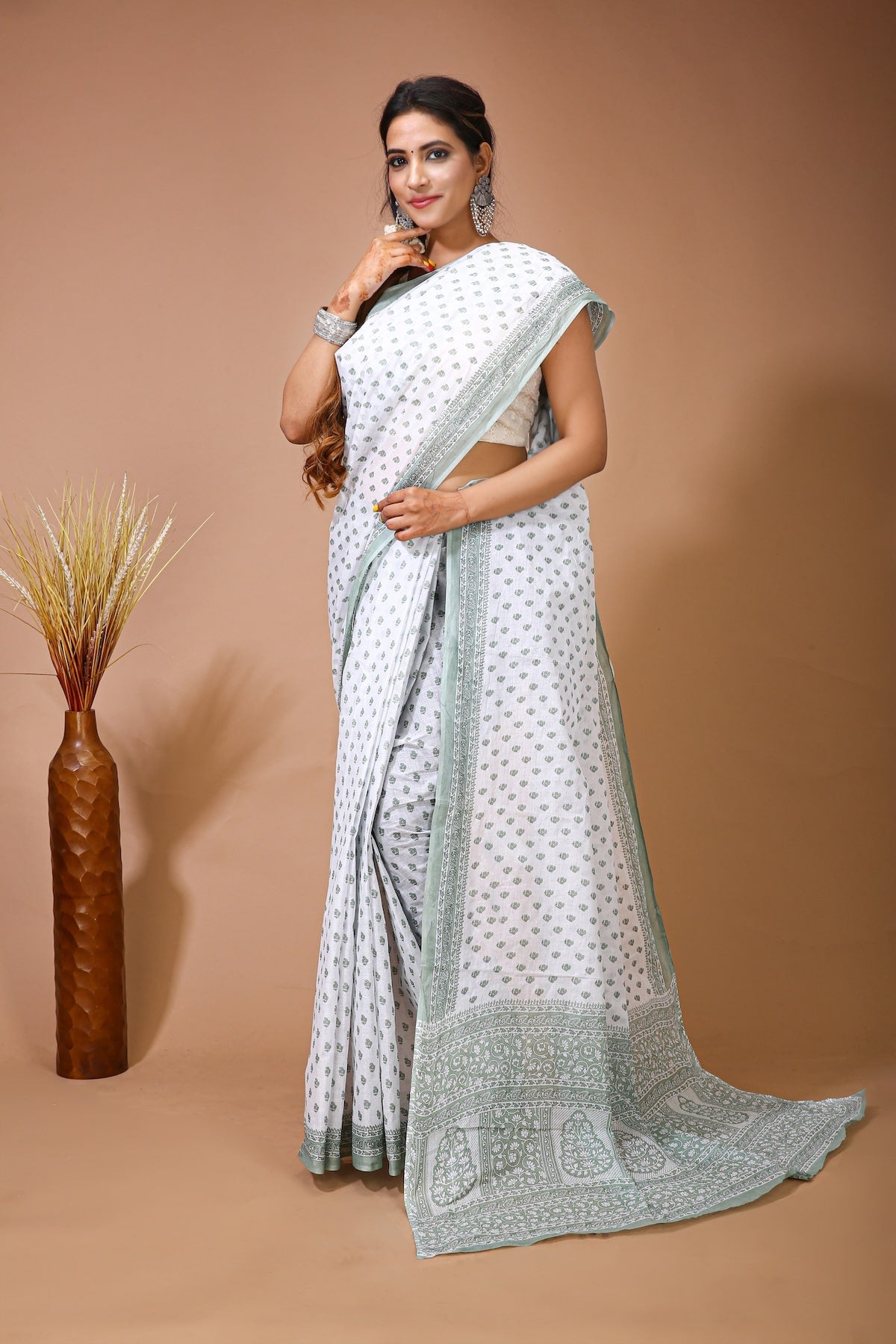 Palash - White Olive Cotton Butti Print Saree