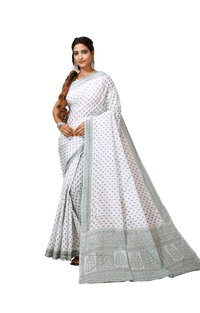 Palash - White Olive Cotton Butti Print Saree