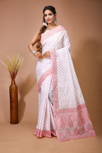 Palash - White Pink Cotton Butti Saree