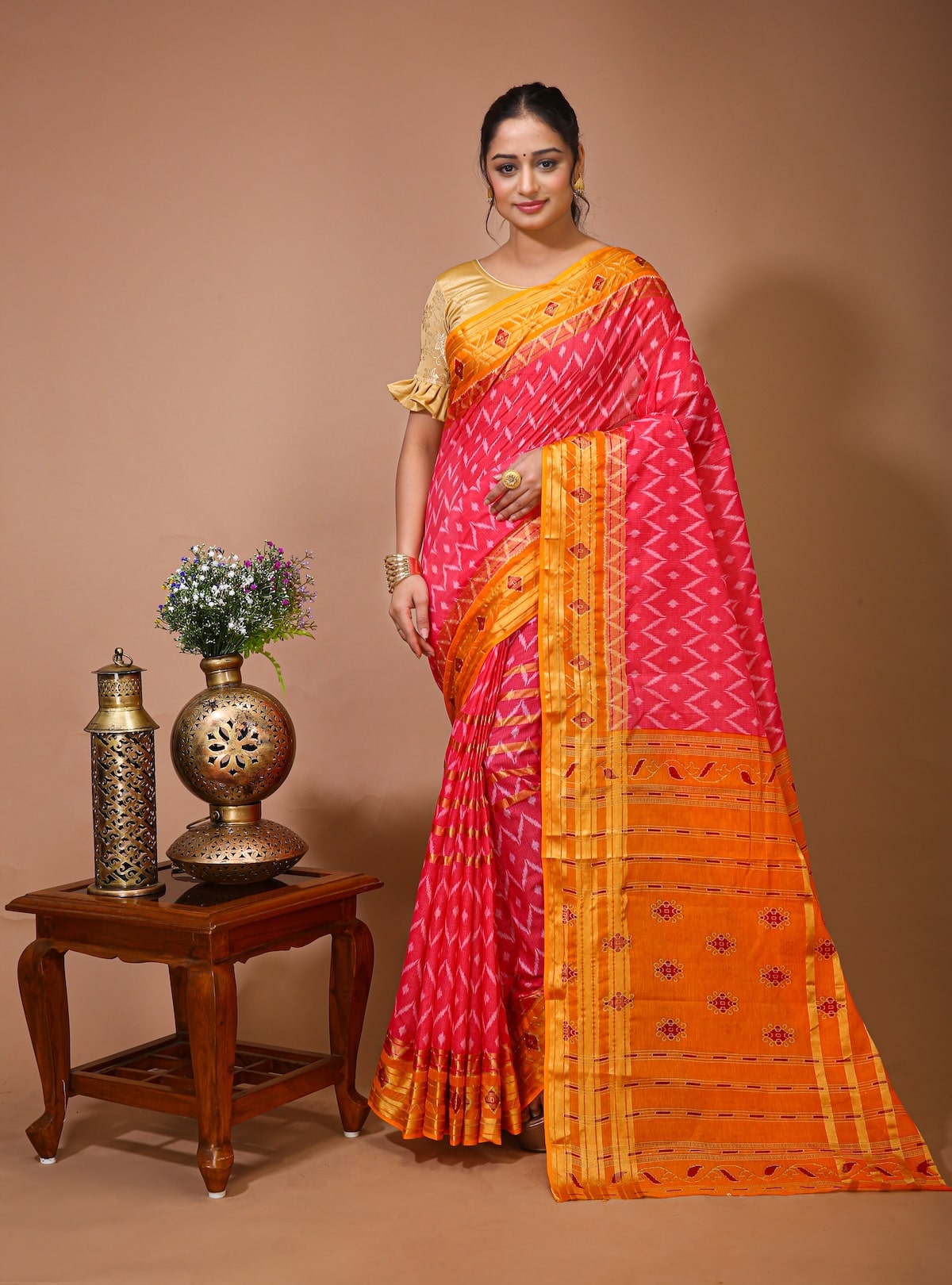 Utsav - Pink Yellow Cotton Ikat Printed Saree