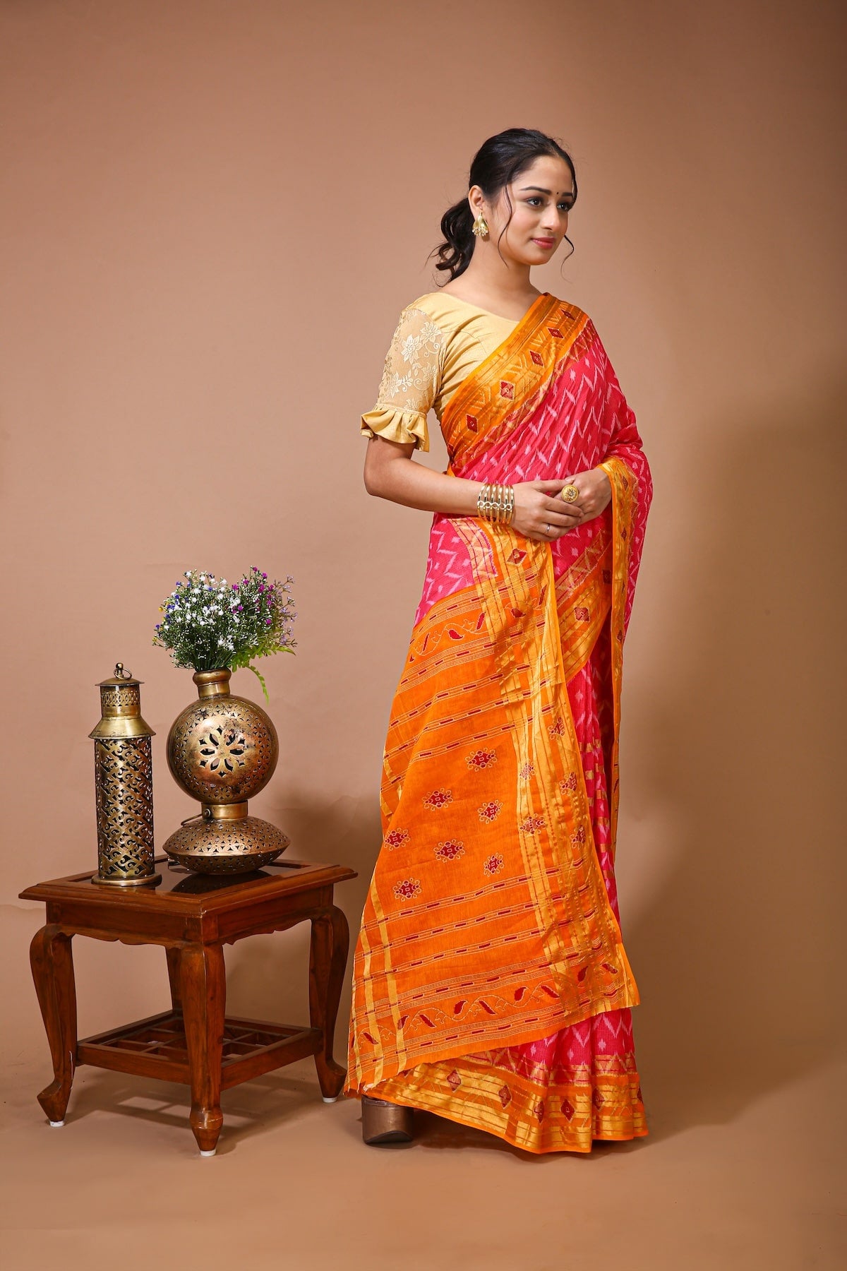 Utsav - Pink Yellow Cotton Ikat Printed Saree