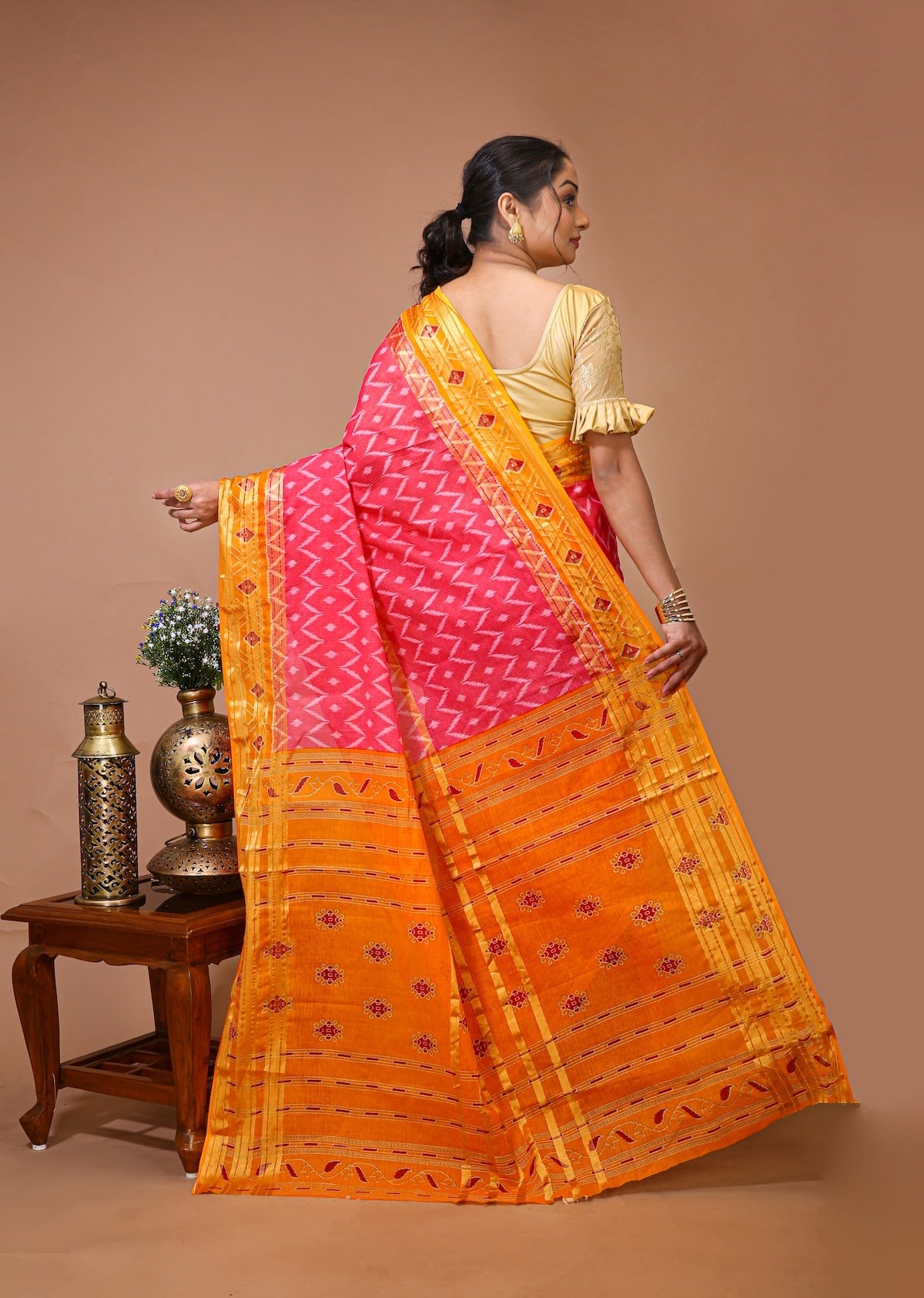 Utsav - Pink Yellow Cotton Ikat Printed Saree