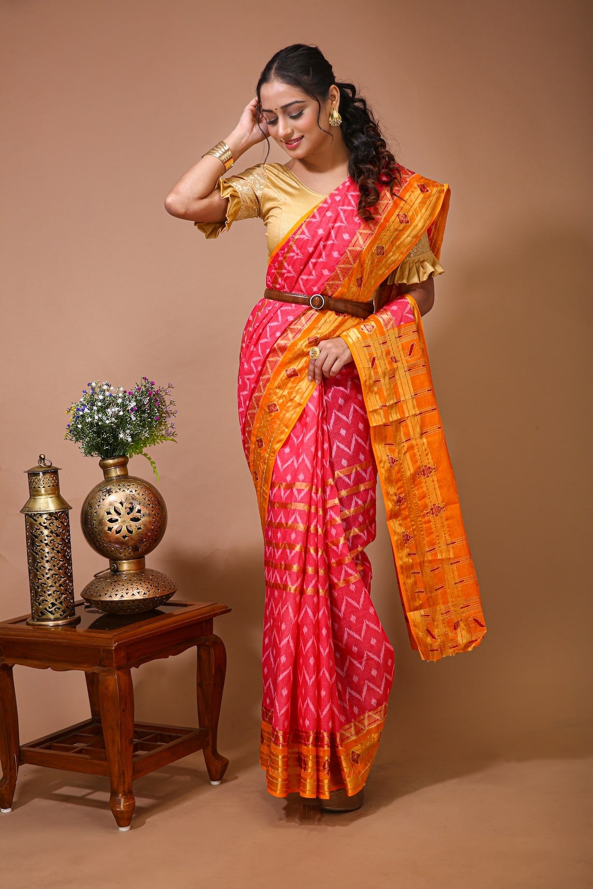 Utsav - Pink Yellow Cotton Ikat Printed Saree