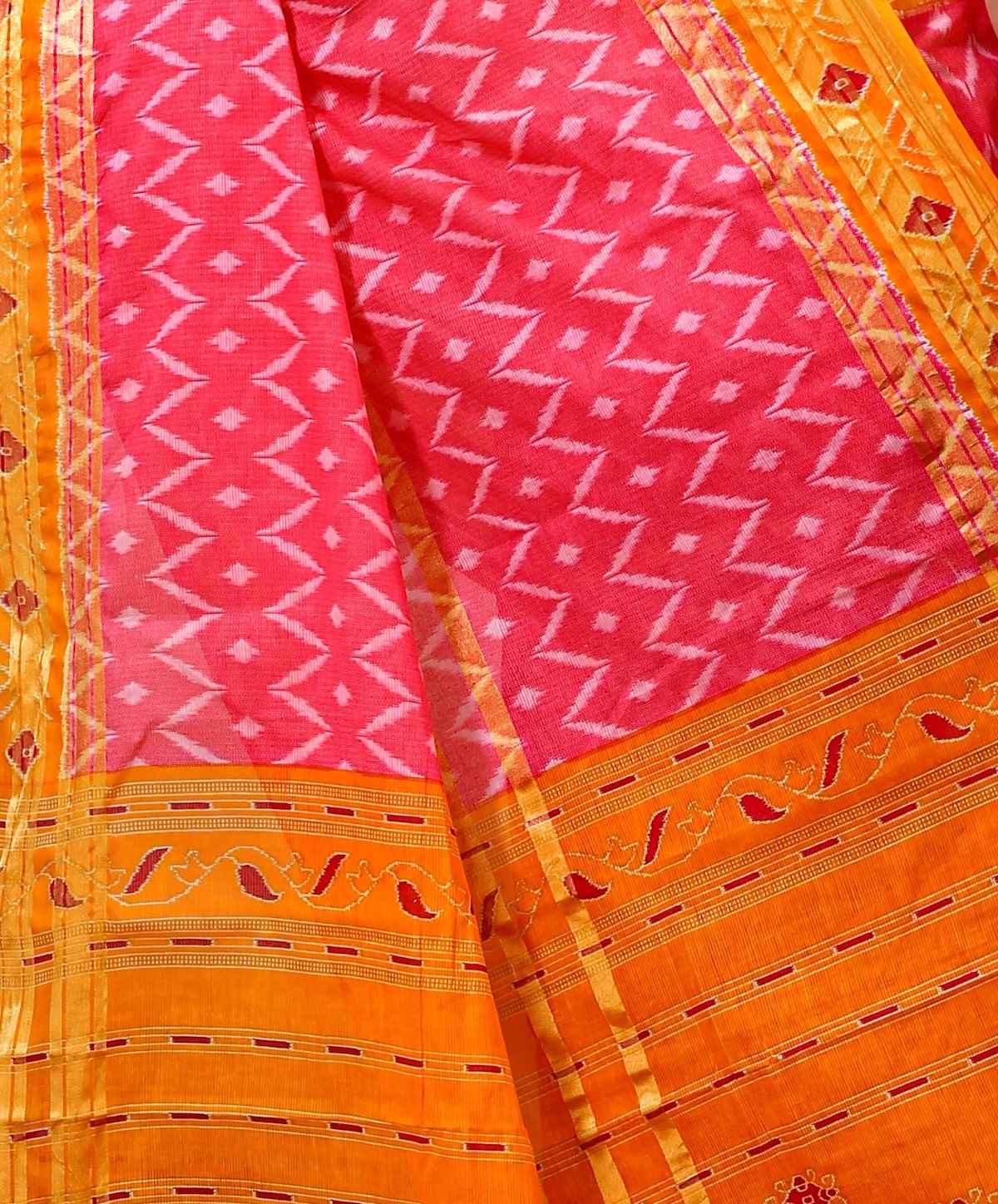 Utsav - Pink Yellow Cotton Ikat Printed Saree