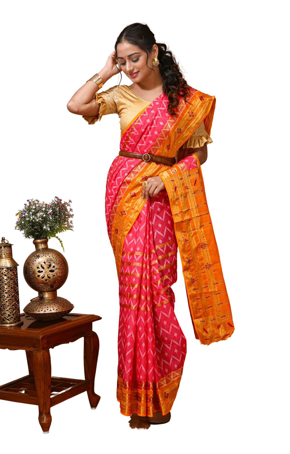 Utsav - Pink Yellow Cotton Ikat Printed Saree