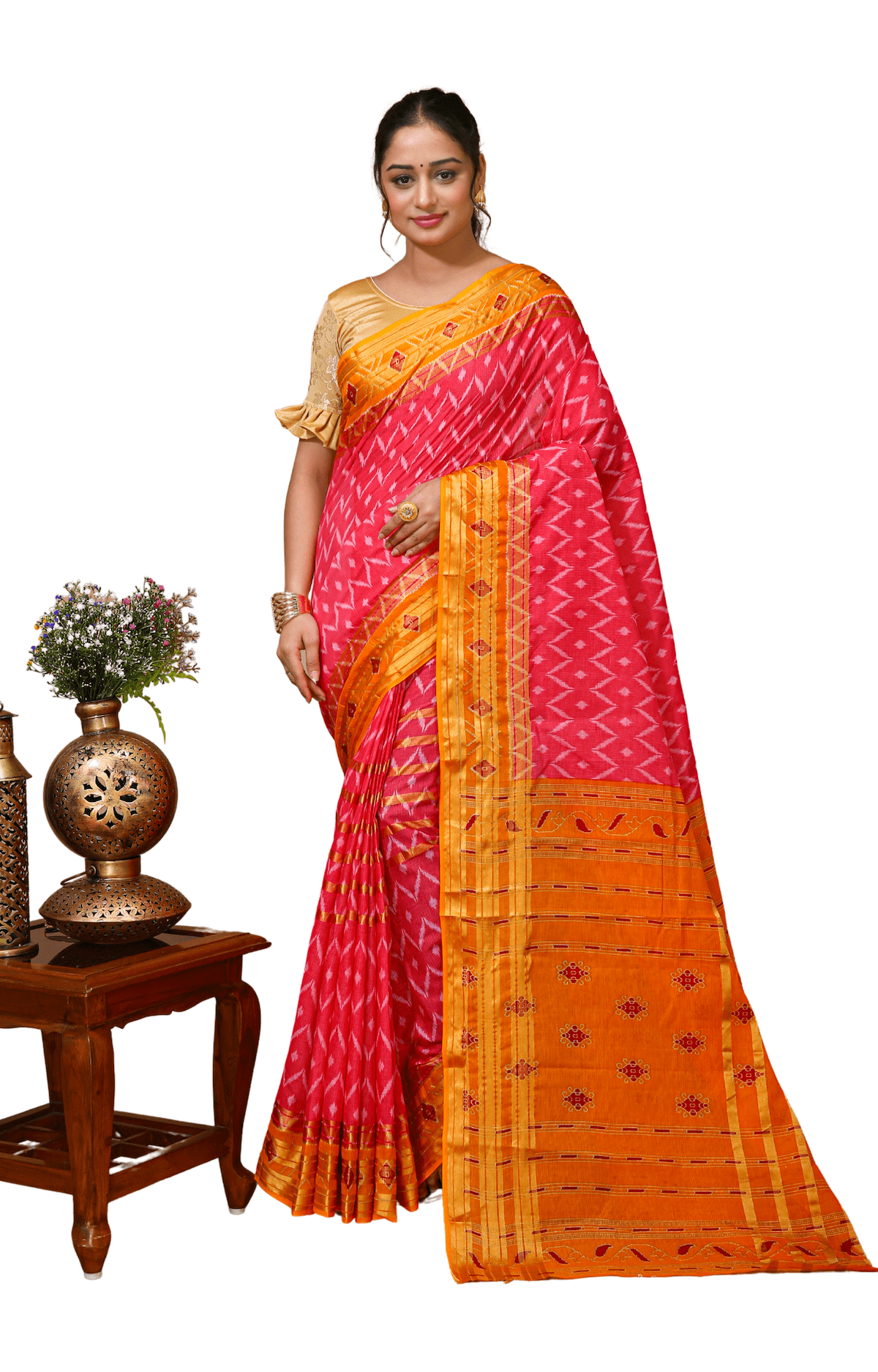 Utsav - Pink Yellow Cotton Ikat Printed Saree