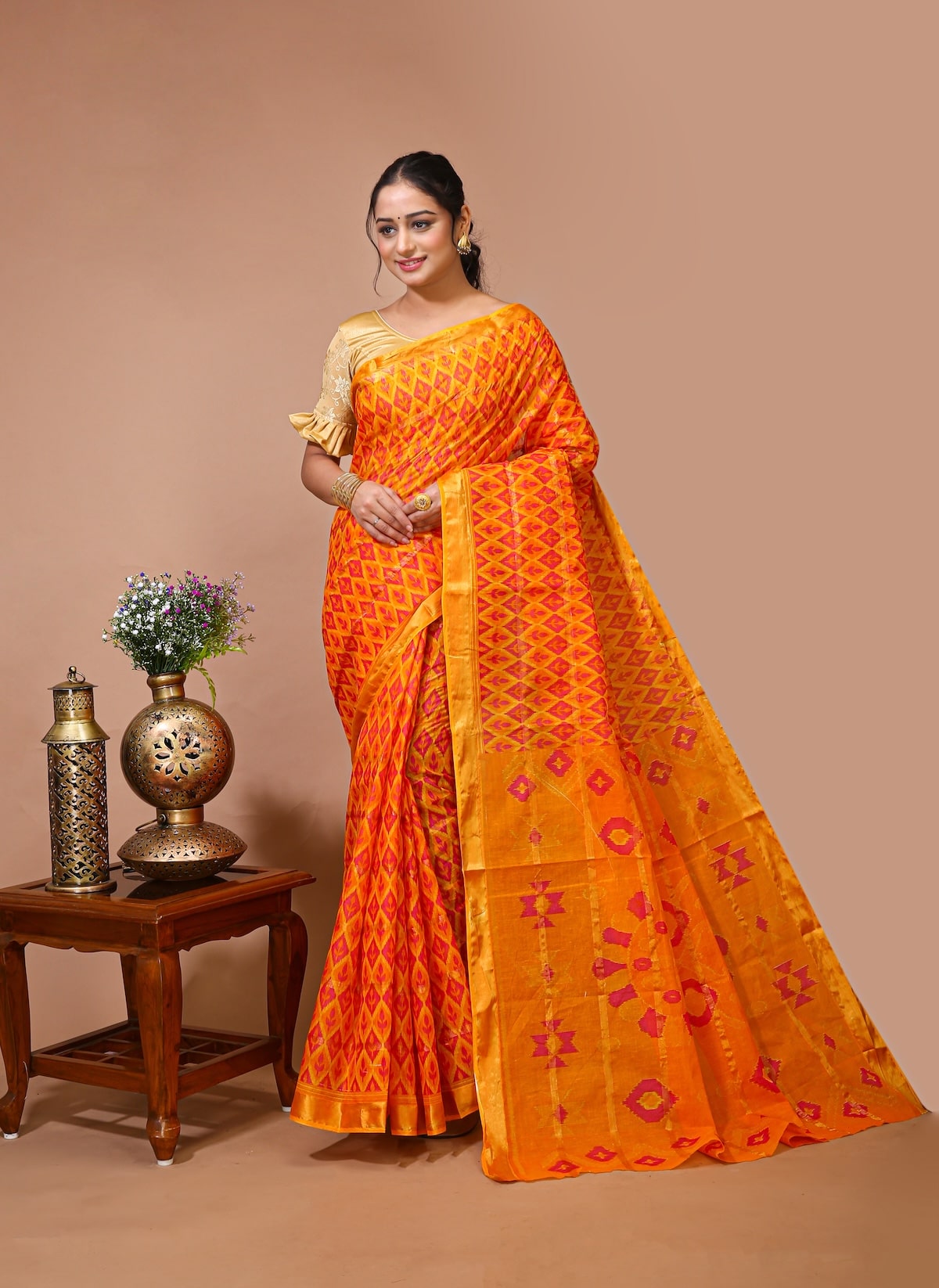 Utsav- Yellow Red Cotton Ikat Printed Saree