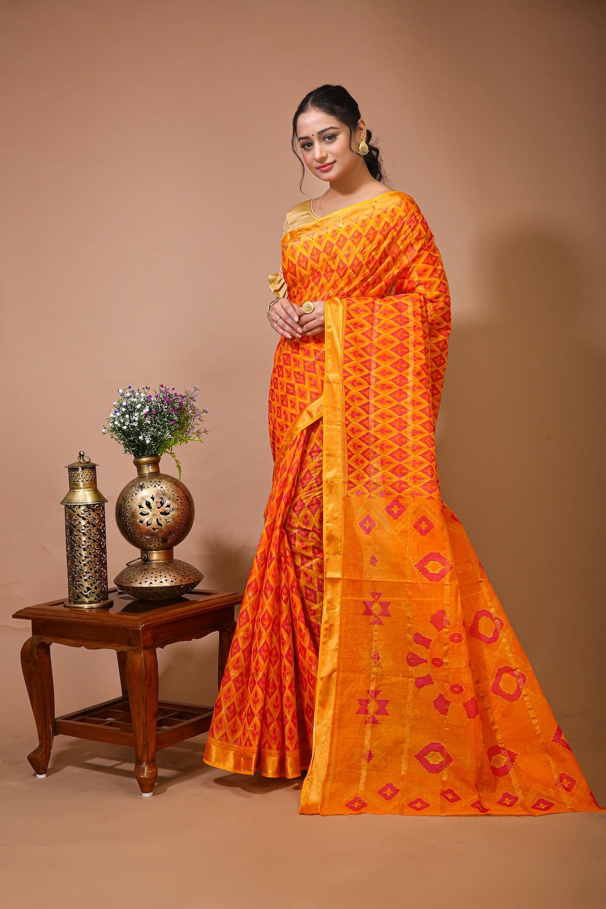 Utsav- Yellow Red Cotton Ikat Printed Saree