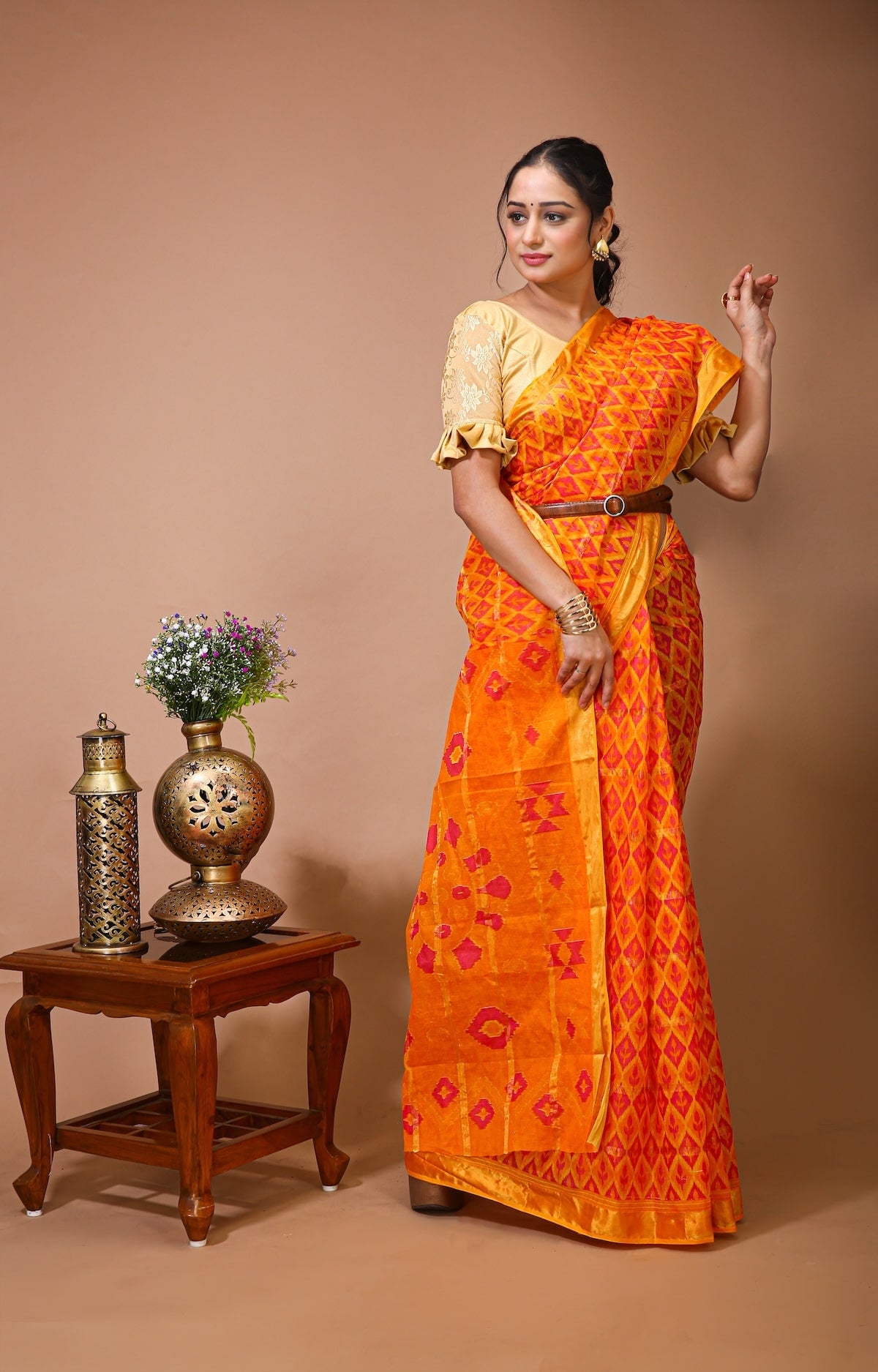 Utsav- Yellow Red Cotton Ikat Printed Saree