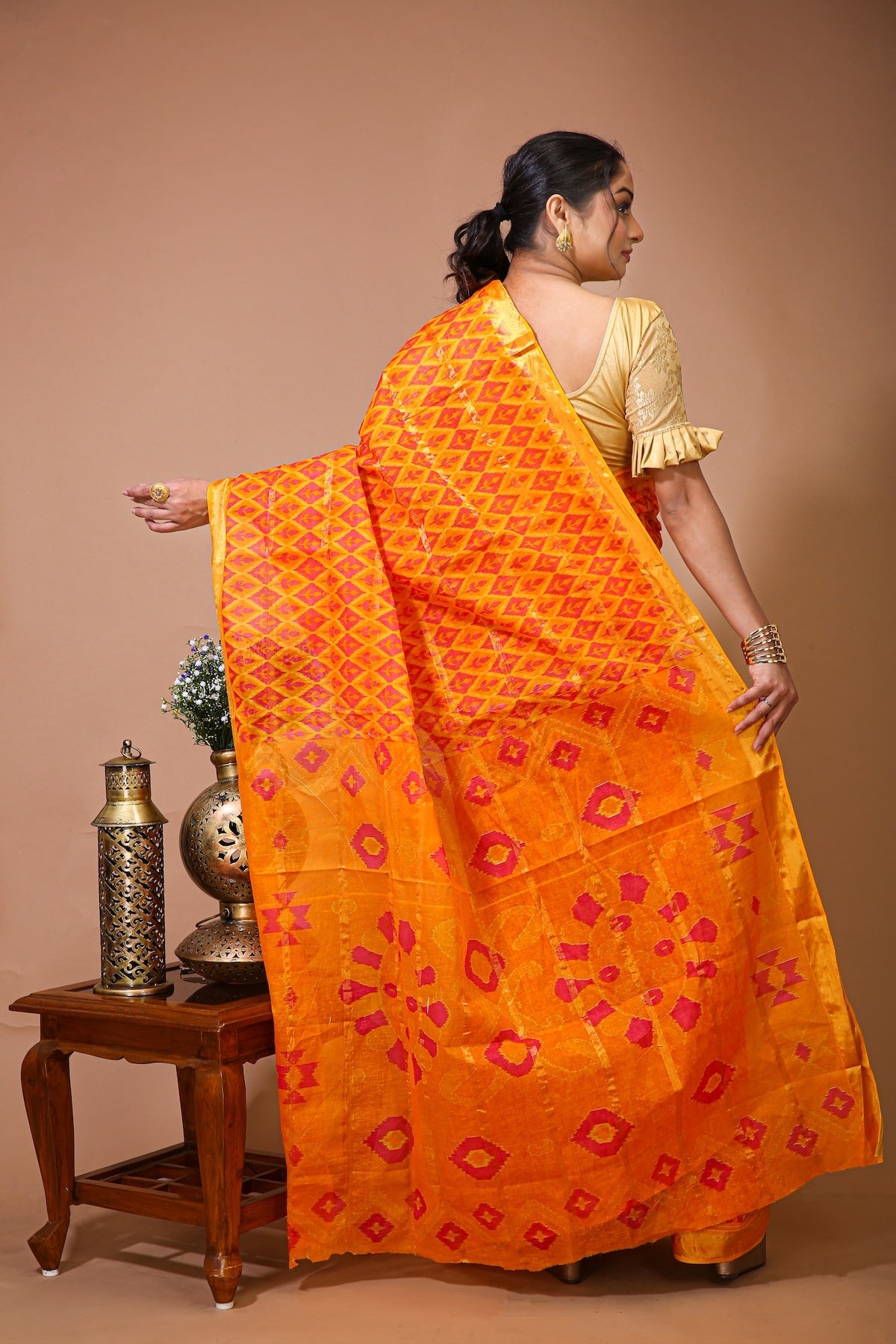 Utsav- Yellow Red Cotton Ikat Printed Saree