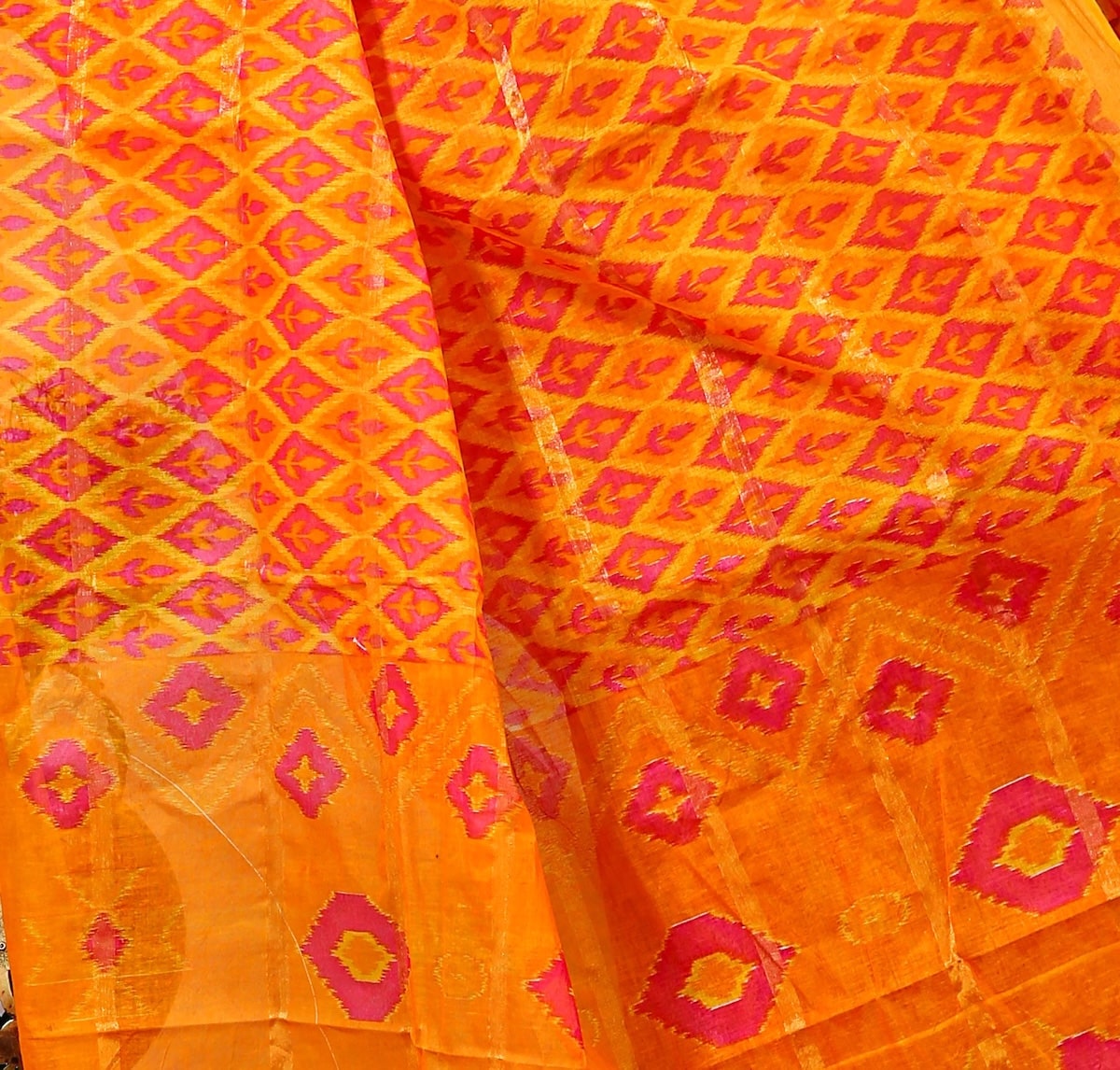 Utsav- Yellow Red Cotton Ikat Printed Saree