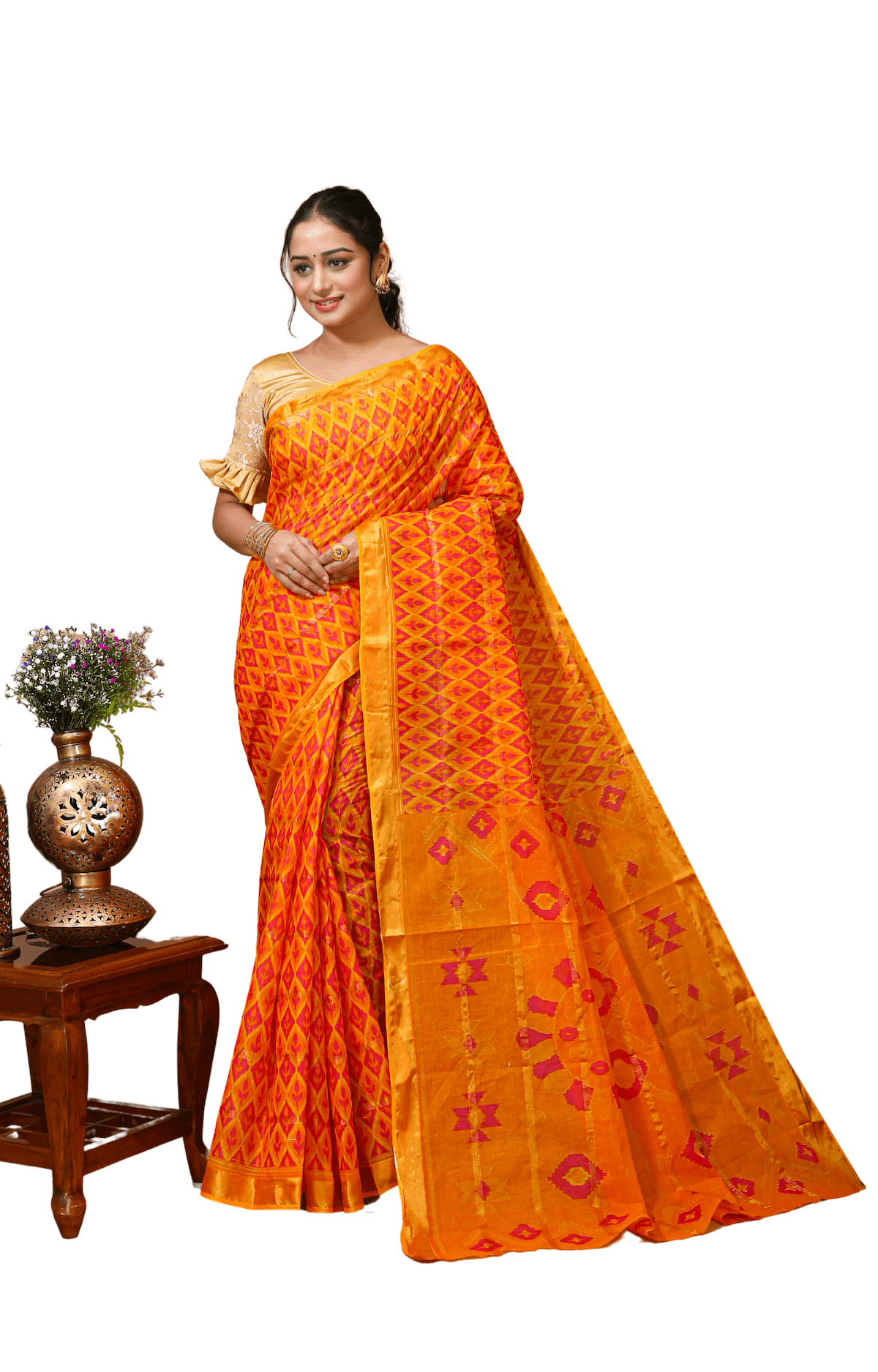 Utsav- Yellow Red Cotton Ikat Printed Saree