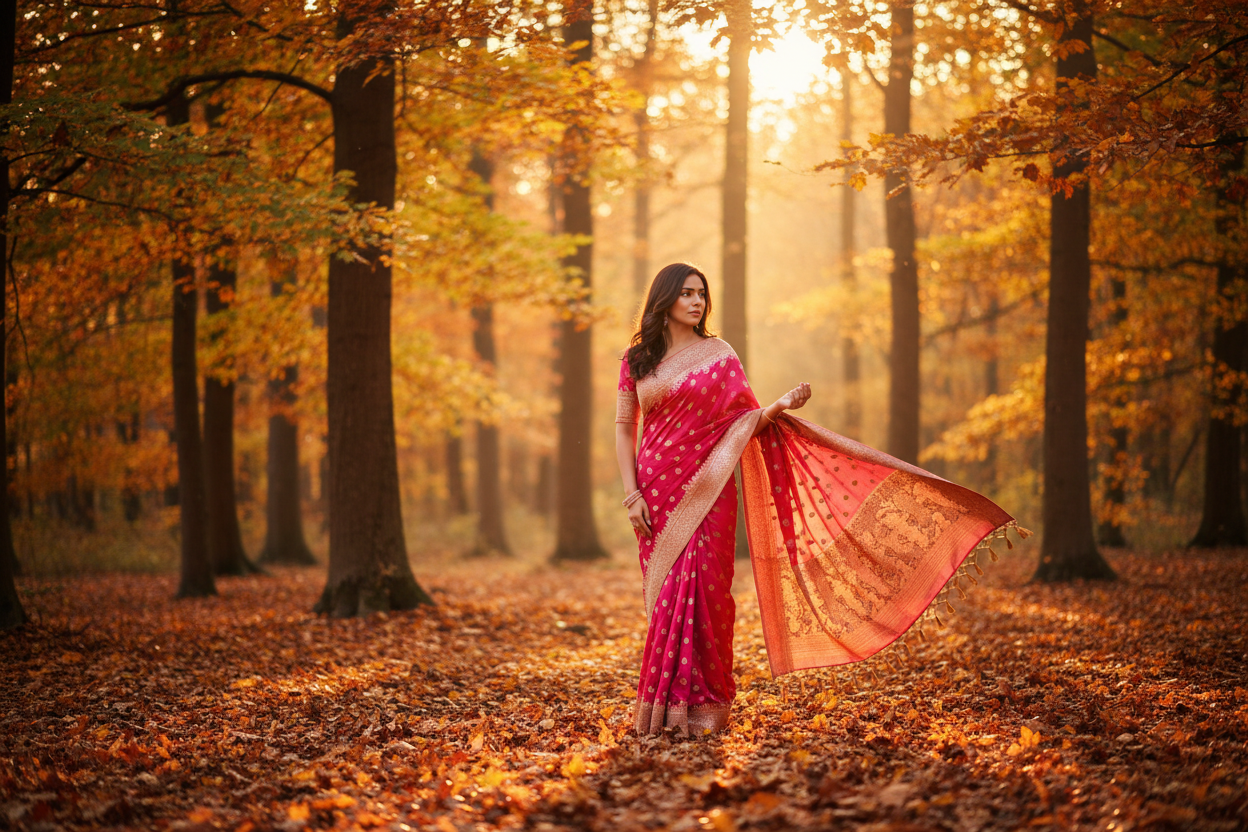 Show a woman wearing a pink saree in a hyper realistic autumn scenario